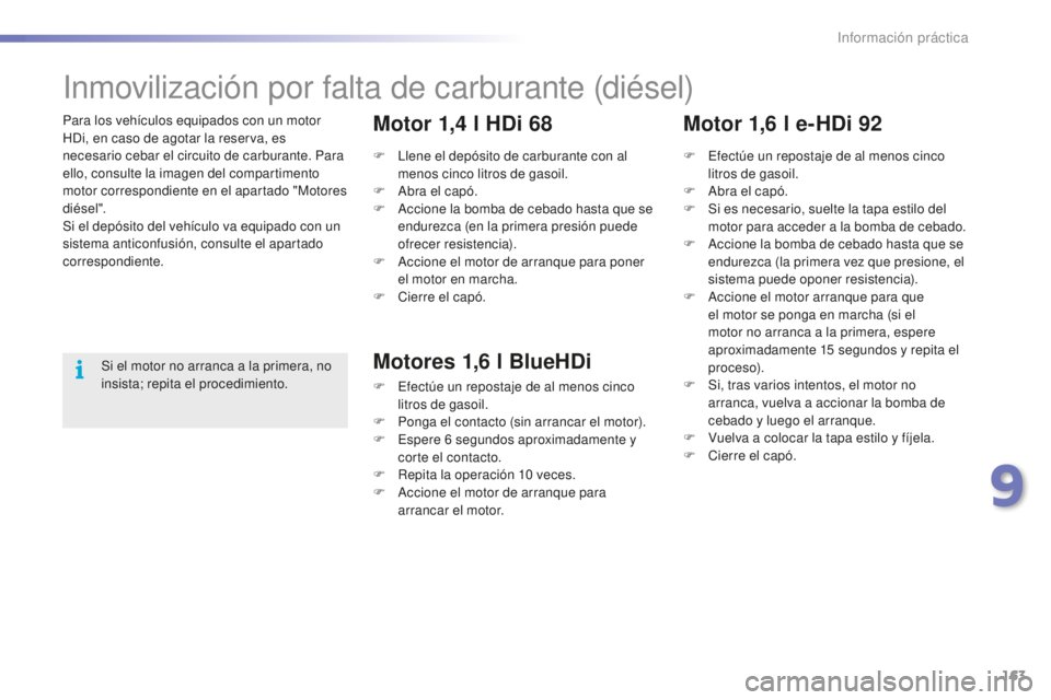 PEUGEOT 2008 2015 Manual del propietario (in Spanish) 163
2008_es_Chap09_info-pratiques_ed01-2015
Para los vehículos equipados con un motor
HDi, en caso de agotar la reserva, es
necesario cebar el circuito de carburante. Para
ello, consulte la imagen PEUGEOT 2008 2015 Manual del propietario (in Spanish) 163
2008_es_Chap09_info-pratiques_ed01-2015
Para los vehículos equipados con un motor
HDi, en caso de agotar la reserva, es
necesario cebar el circuito de carburante. Para
ello, consulte la imagen