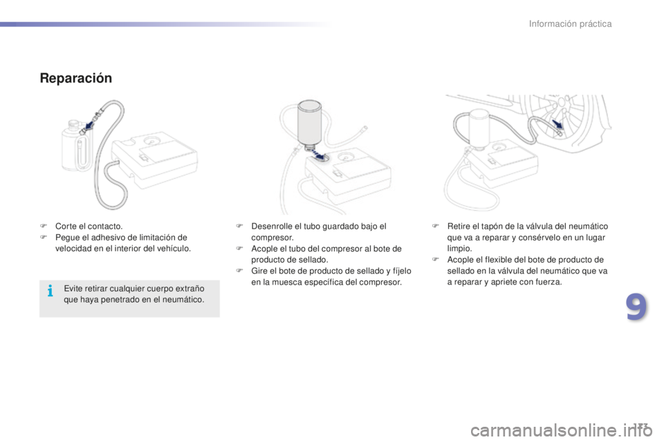 PEUGEOT 2008 2015  Manual del propietario (in Spanish) 173
2008_es_Chap09_info-pratiques_ed01-2015
Reparación
F Desenrolle el tubo guardado bajo el compresor.
F
 
A
 cople el tubo del compresor al bote de 
producto de sellado.
F
 
G
 ire el bote de produ