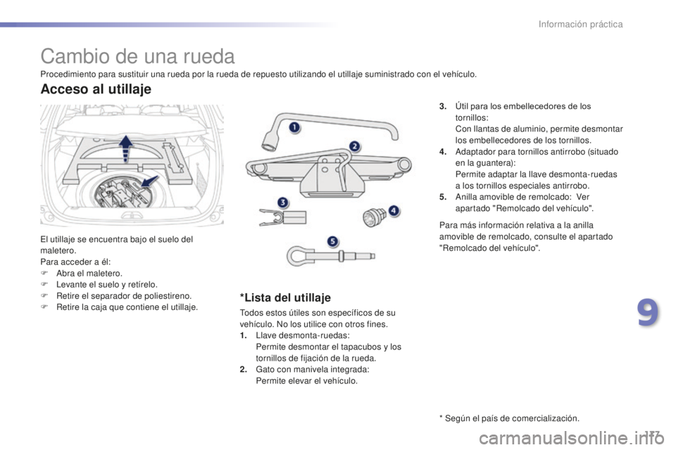 PEUGEOT 2008 2015  Manual del propietario (in Spanish) 177
2008_es_Chap09_info-pratiques_ed01-2015
Cambio de una rueda
El utillaje se encuentra bajo el suelo del 
maletero.
Para acceder a él:
F 
A
 bra el maletero.
F
 
L
 evante el suelo y retírelo.
F
 