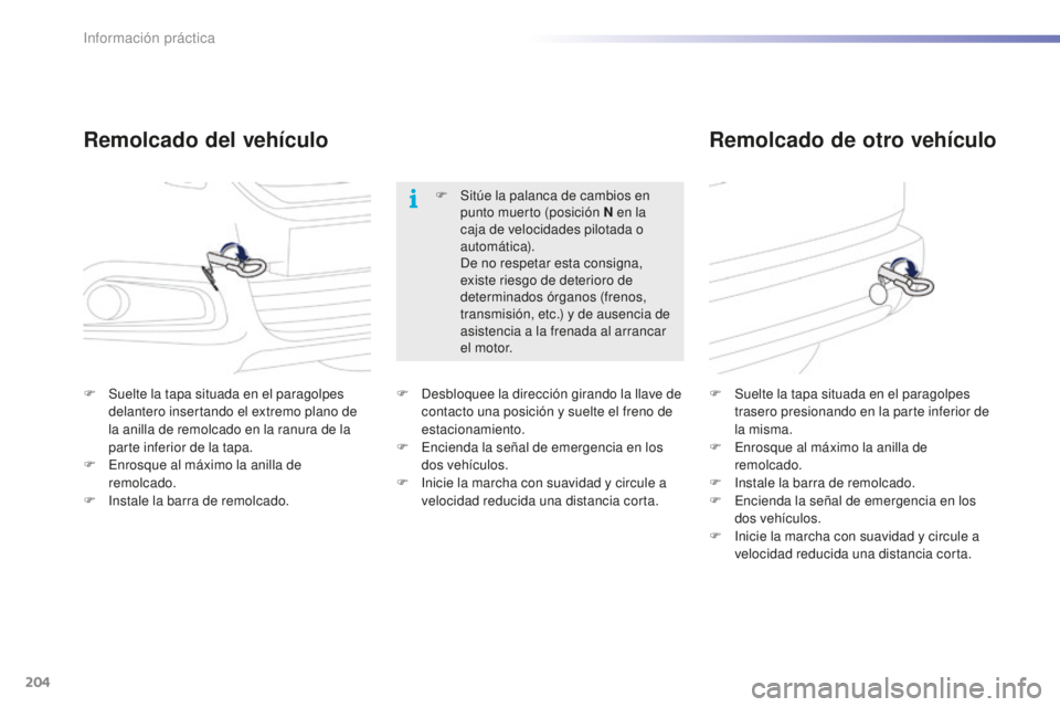 PEUGEOT 2008 2015  Manual del propietario (in Spanish) 204
2008_es_Chap09_info-pratiques_ed01-2015
Remolcado del vehículoRemolcado de otro vehículo
F Suelte la tapa situada en el paragolpes 
delantero insertando el extremo plano de 
la anilla de remolca
