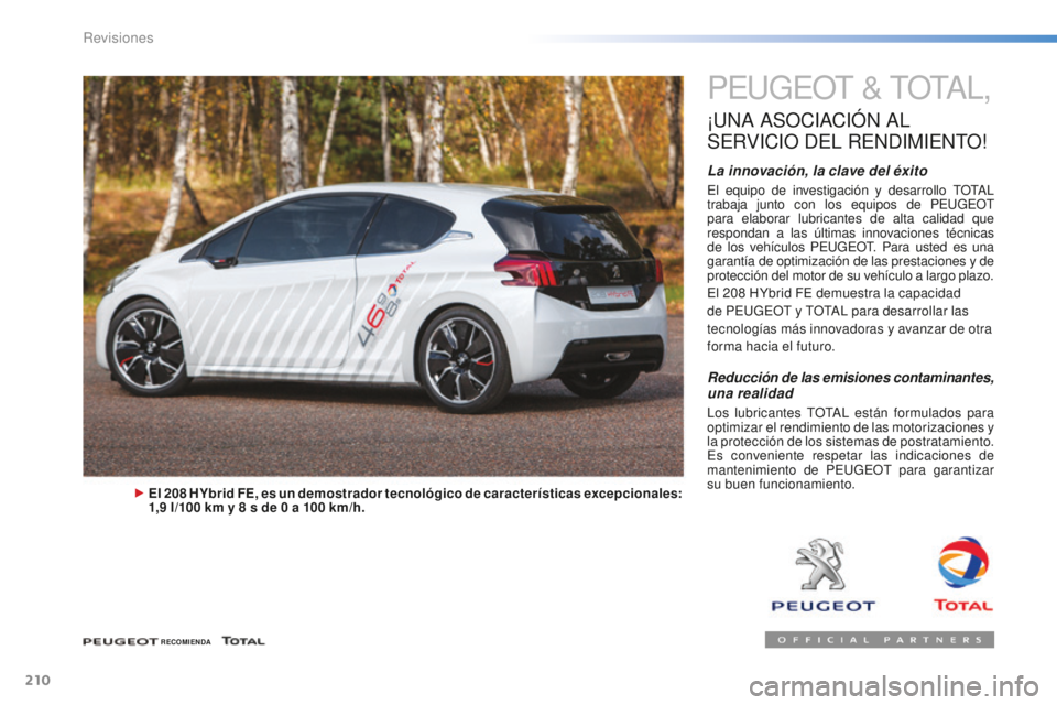 PEUGEOT 2008 2015  Manual del propietario (in Spanish) 210
2008_es_Chap10_verifications_ed01-2015
PEUGEOT & TOTAL,
¡UNA ASOCIACIóN  AL 
S

ERVICIO
 
 DEL
 
 RENDIMIENTO
!
La innovación, la clave del éxito
El equipo de investigación y desarrollo TOTAL