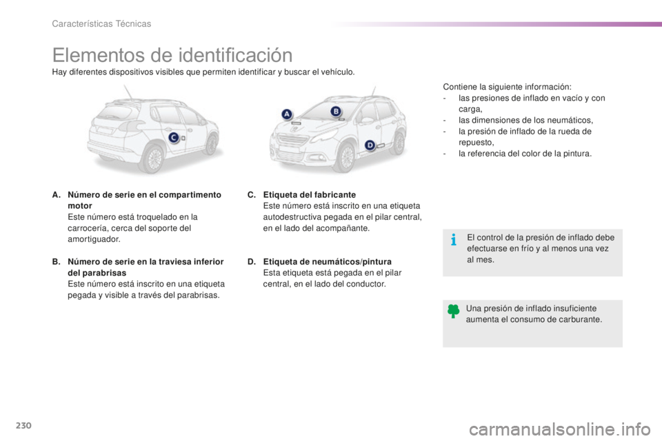 PEUGEOT 2008 2015 Manual del propietario (in Spanish) 230
2008_es_Chap11_caracteristiques-techniques_ed01-2015
Elementos de identificación
A. Número de serie en el compar timento motor
E
ste número está troquelado en la
carrocería, cerca del so PEUGEOT 2008 2015 Manual del propietario (in Spanish) 230
2008_es_Chap11_caracteristiques-techniques_ed01-2015
Elementos de identificación
A. Número de serie en el compar timento motor
E
ste número está troquelado en la
carrocería, cerca del so