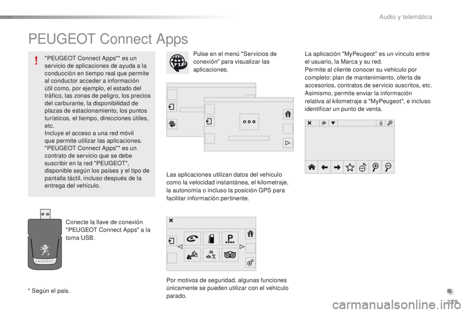 PEUGEOT 2008 2015 Manual del propietario (in Spanish) 279
2008_es_Chap12b_SMEGplus_ed01-2015
PEUGEOT Connect Apps
Las aplicaciones utilizan datos del vehículo
como la velocidad instantánea, el kilometraje,
la autonomía o incluso la posición GPS par PEUGEOT 2008 2015 Manual del propietario (in Spanish) 279
2008_es_Chap12b_SMEGplus_ed01-2015
PEUGEOT Connect Apps
Las aplicaciones utilizan datos del vehículo
como la velocidad instantánea, el kilometraje,
la autonomía o incluso la posición GPS par
