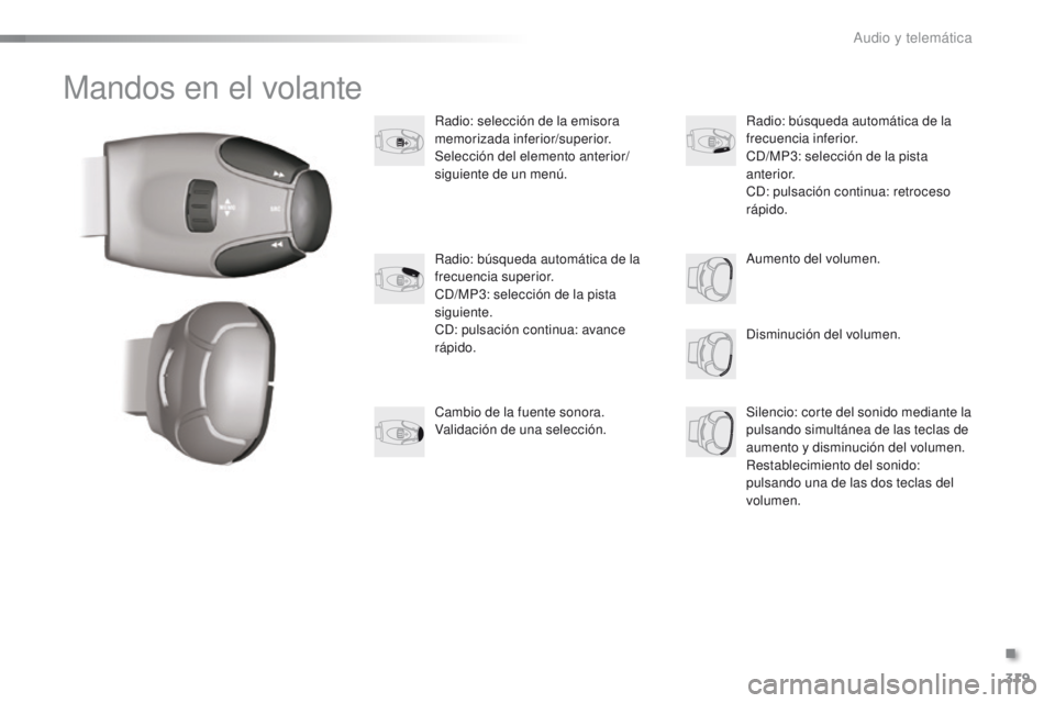 PEUGEOT 2008 2015 Manual del propietario (in Spanish) 319
2008_es_Chap12d_RDE1_ed01-2015
Mandos en el volante
Radio: selección de la emisora
memorizada inferior/superior.
Selección del elemento anterior/
siguiente de un menú.Disminución del volumen. PEUGEOT 2008 2015 Manual del propietario (in Spanish) 319
2008_es_Chap12d_RDE1_ed01-2015
Mandos en el volante
Radio: selección de la emisora
memorizada inferior/superior.
Selección del elemento anterior/
siguiente de un menú.Disminución del volumen.