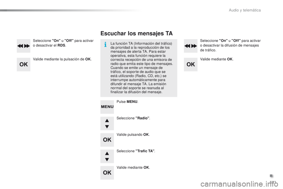 PEUGEOT 2008 2015 Manual del propietario (in Spanish) 321
2008_es_Chap12d_RDE1_ed01-2015
Seleccione "Radio".
Seleccione "On"
u "Off" para activar
o desactivar el RDS . Seleccione "On"
u "Off" para activar
o des PEUGEOT 2008 2015 Manual del propietario (in Spanish) 321
2008_es_Chap12d_RDE1_ed01-2015
Seleccione "Radio".
Seleccione "On"
u "Off" para activar
o desactivar el RDS . Seleccione "On"
u "Off" para activar
o des