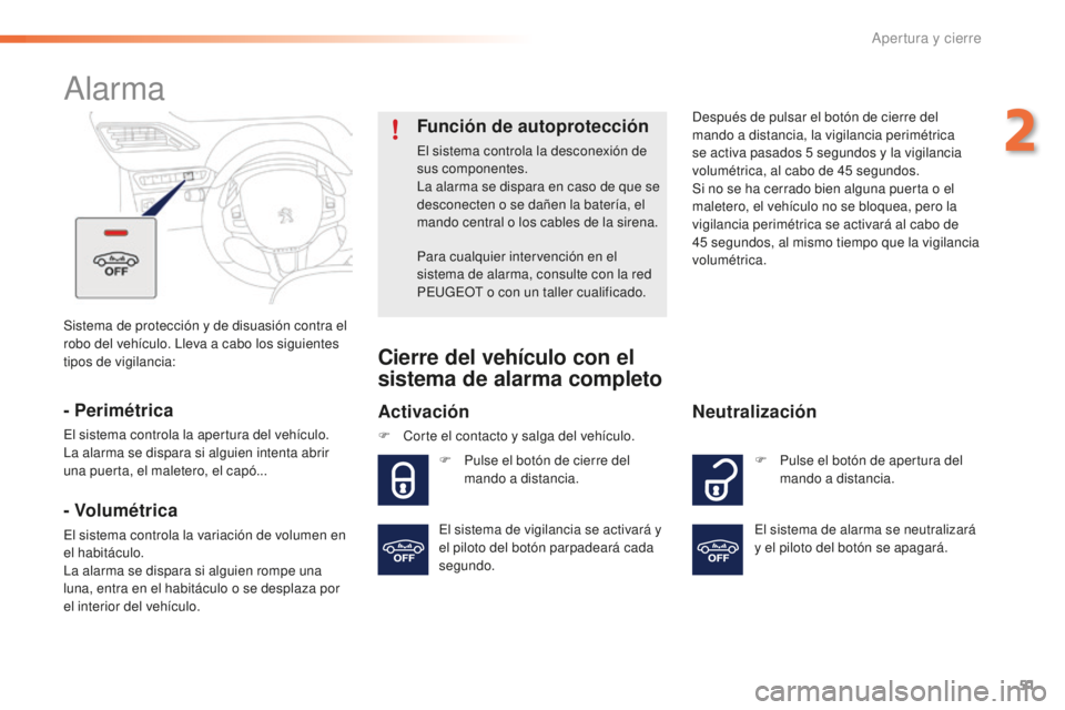 PEUGEOT 2008 2015 Manual del propietario (in Spanish) 51
2008_es_Chap02_ouvertures_ed01-2015
Sistema de protección y de disuasión contra el
robo del vehículo. Lleva a cabo los siguientes
tipos de vigilancia:
Alarma
- Perimétrica
El sistema controla PEUGEOT 2008 2015 Manual del propietario (in Spanish) 51
2008_es_Chap02_ouvertures_ed01-2015
Sistema de protección y de disuasión contra el
robo del vehículo. Lleva a cabo los siguientes
tipos de vigilancia:
Alarma
- Perimétrica
El sistema controla