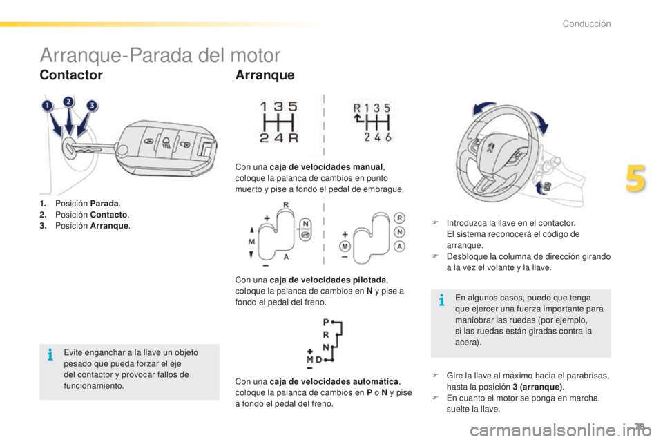 PEUGEOT 2008 2015 Manual del propietario (in Spanish) 79
2008_es_Chap05_conduite_ed01-2015
Arranque-Parada del motor
1. Posición Parada.
2. P osición Contacto .
3.
Posición Arranque .
Contactor
Evite enganchar a la llave un objeto
pesado que pu PEUGEOT 2008 2015 Manual del propietario (in Spanish) 79
2008_es_Chap05_conduite_ed01-2015
Arranque-Parada del motor
1. Posición Parada.
2. P osición Contacto .
3.
Posición Arranque .
Contactor
Evite enganchar a la llave un objeto
pesado que pu