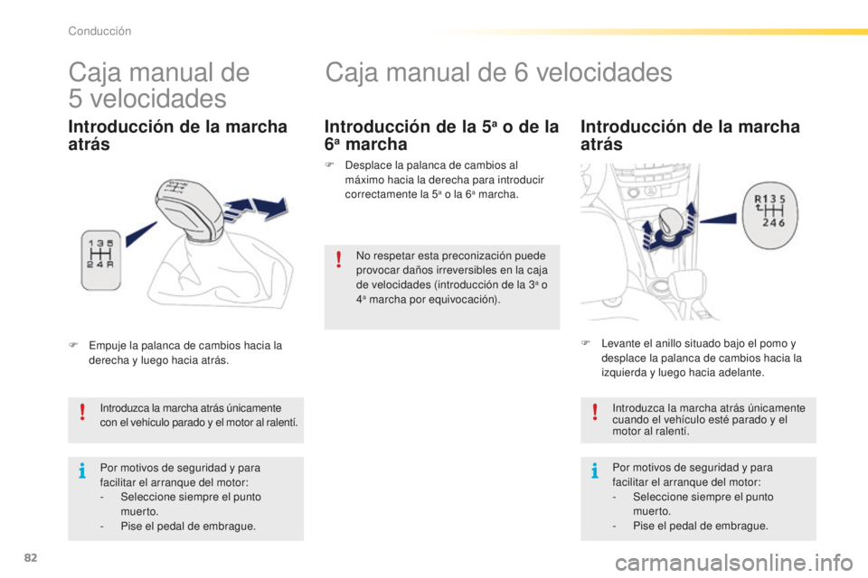 PEUGEOT 2008 2015 Manual del propietario (in Spanish) 82
2008_es_Chap05_conduite_ed01-2015
Caja manual de 6 velocidades
Introducción de la marcha
atrás
Introduzca la marcha atrás únicamente
con el vehículo parado y el motor al ralentí.
Por motivo PEUGEOT 2008 2015 Manual del propietario (in Spanish) 82
2008_es_Chap05_conduite_ed01-2015
Caja manual de 6 velocidades
Introducción de la marcha
atrás
Introduzca la marcha atrás únicamente
con el vehículo parado y el motor al ralentí.
Por motivo