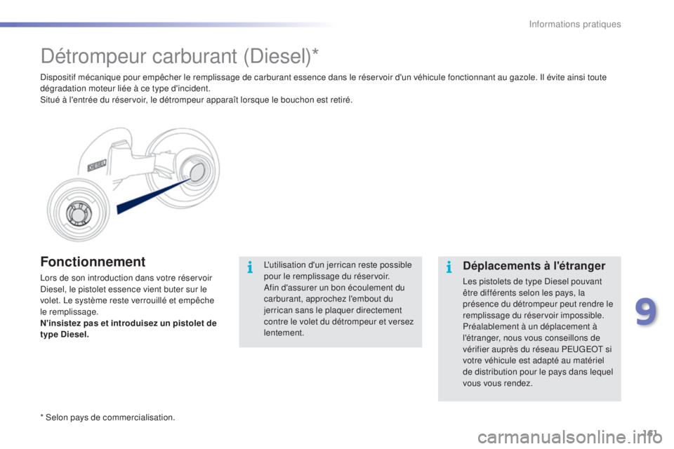 PEUGEOT 2008 2015  Manuel du propriétaire (in French) 161
Fonctionnement
Lors de son introduction dans votre réservoir 
Diesel, le pistolet essence vient buter sur le 
volet. Le système reste verrouillé et empêche 
le remplissage.
N'insistez pas 