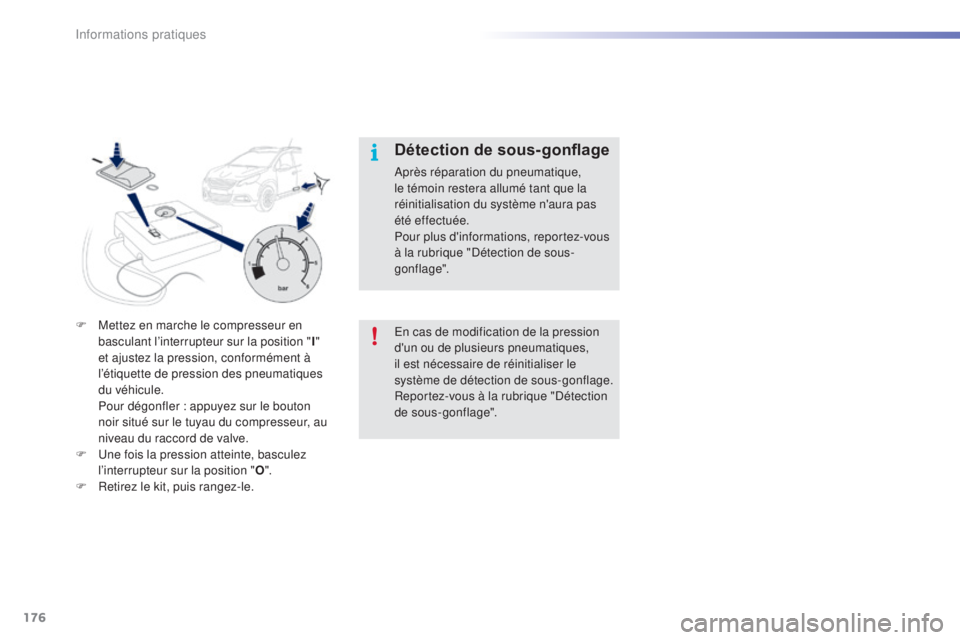PEUGEOT 2008 2015  Manuel du propriétaire (in French) 176
F Mettez en marche le compresseur en basculant l’interrupteur sur la position " I" 
et ajustez la pression, conformément à 
l’étiquette de pression des pneumatiques 
du véhicule.
 
