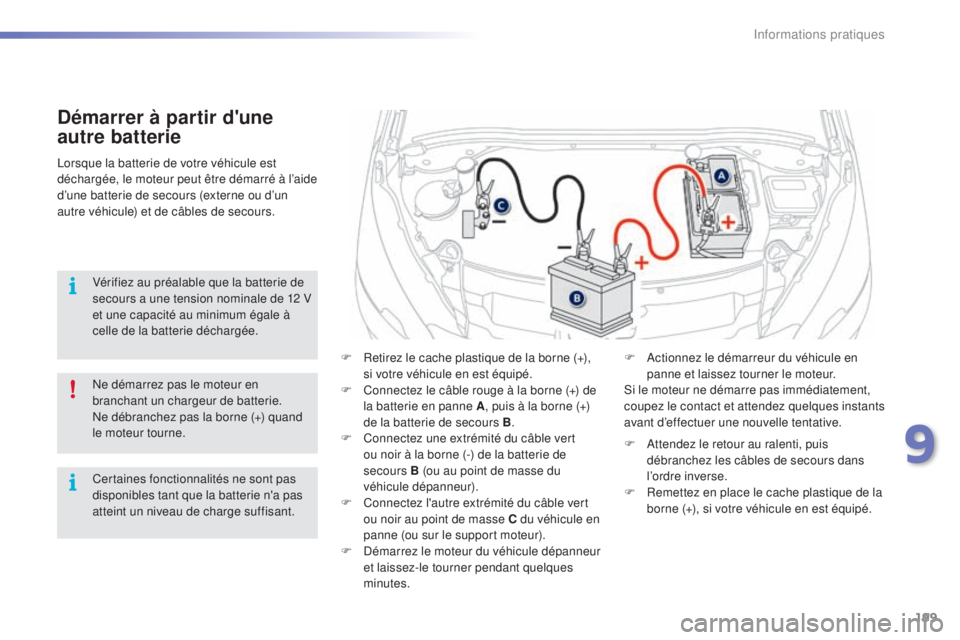 PEUGEOT 2008 2015  Manuel du propriétaire (in French) 199
Démarrer à partir d'une 
autre batterie
F Retirez le cache plastique de la borne (+), si votre véhicule en est équipé.
F
 
C
 onnectez le câble rouge à la borne (+) de 
la batterie en p
