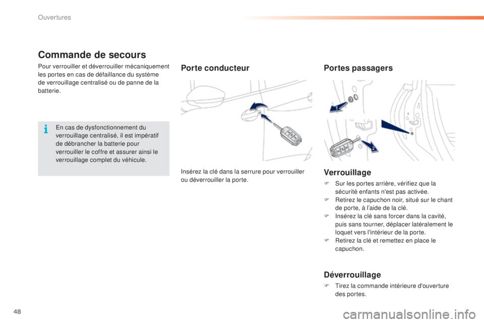 PEUGEOT 2008 2015 Manuel du propriétaire (in French) 48
Commande de secours
Pour verrouiller et déverrouiller mécaniquement
les portes en cas de défaillance du système
de verrouillage centralisé ou de panne de la
batterie.Porte conducteur
Insér PEUGEOT 2008 2015 Manuel du propriétaire (in French) 48
Commande de secours
Pour verrouiller et déverrouiller mécaniquement
les portes en cas de défaillance du système
de verrouillage centralisé ou de panne de la
batterie.Porte conducteur
Insér