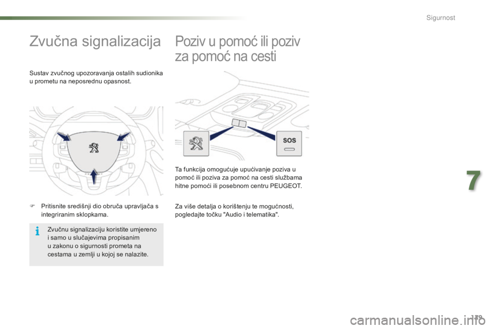 PEUGEOT 2008 2015 Upute Za Rukovanje (in Croatian) 129
2008_hr_Chap07_securite_ed01-2015
Zvučna signalizacija
F Pritisnite središnji dio obruča upravljača s integriranim sklopkama.
Sustav zvučnog upozoravanja ostalih sudionika
u prometu na nepos PEUGEOT 2008 2015 Upute Za Rukovanje (in Croatian) 129
2008_hr_Chap07_securite_ed01-2015
Zvučna signalizacija
F Pritisnite središnji dio obruča upravljača s integriranim sklopkama.
Sustav zvučnog upozoravanja ostalih sudionika
u prometu na nepos