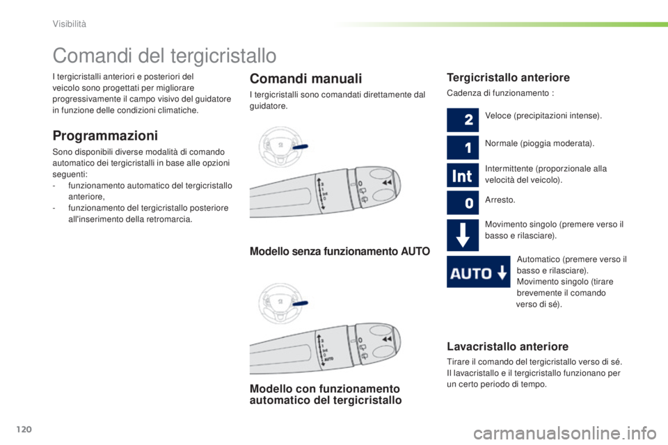 PEUGEOT 2008 2015  Manuale duso (in Italian) 120
2008_it_Chap06_visibilite_ed01-2015
Lavacristallo anteriore
Tirare il comando del tergicristallo verso di sé. 
Il lavacristallo e il tergicristallo funzionano per 
un certo periodo di tempo.
Coma