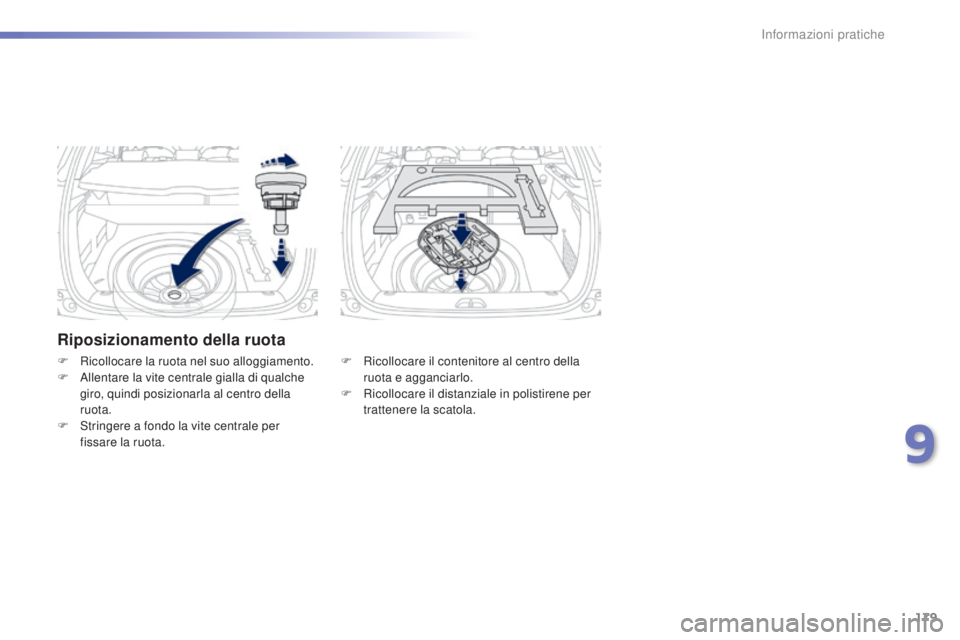 PEUGEOT 2008 2015 Manuale duso (in Italian) 179
2008_it_Chap09_info-pratiques_ed01-2015
Riposizionamento della ruota
F Ricollocare il contenitore al centro della ruota e agganciarlo.
F
R
icollocare il distanziale in polistirene per
trattene PEUGEOT 2008 2015 Manuale duso (in Italian) 179
2008_it_Chap09_info-pratiques_ed01-2015
Riposizionamento della ruota
F Ricollocare il contenitore al centro della ruota e agganciarlo.
F
R
icollocare il distanziale in polistirene per
trattene