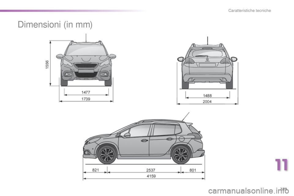 PEUGEOT 2008 2015 Manuale duso (in Italian) 229
2008_it_Chap11_caracteristiques-techniques_ed01-2015
Dimensioni (in mm)
11
Caratteristiche tecniche PEUGEOT 2008 2015 Manuale duso (in Italian) 229
2008_it_Chap11_caracteristiques-techniques_ed01-2015
Dimensioni (in mm)
11
Caratteristiche tecniche