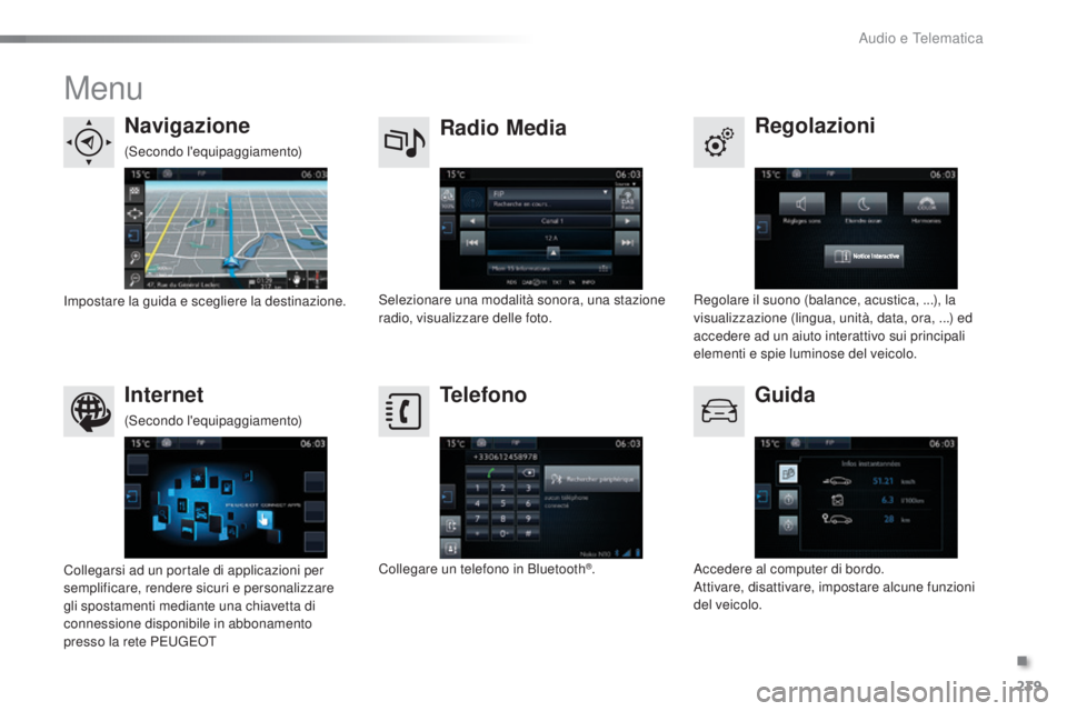 PEUGEOT 2008 2015  Manuale duso (in Italian) 239
2008_it_Chap12b_SMEGplus_ed01-2015
Menu
Regolazioni
Radio Media
Navigazione
Guida
Internet Telefono
Regolare il suono (balance, acustica, ...), la 
visualizzazione (lingua, unità, data, ora, ...)