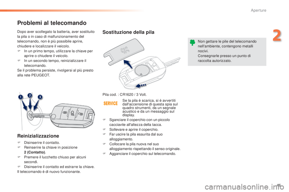 PEUGEOT 2008 2015 Manuale duso (in Italian) 45
2008_it_Chap02_ouvertures_ed01-2015
Sostituzione della pila
Pila cod. : CR1620 / 3 Volt.N on gettare le pile del telecomando
nell'ambiente, contengono metalli
nocivi.
Consegnarle presso un pu PEUGEOT 2008 2015 Manuale duso (in Italian) 45
2008_it_Chap02_ouvertures_ed01-2015
Sostituzione della pila
Pila cod. : CR1620 / 3 Volt.N on gettare le pile del telecomando
nell'ambiente, contengono metalli
nocivi.
Consegnarle presso un pu