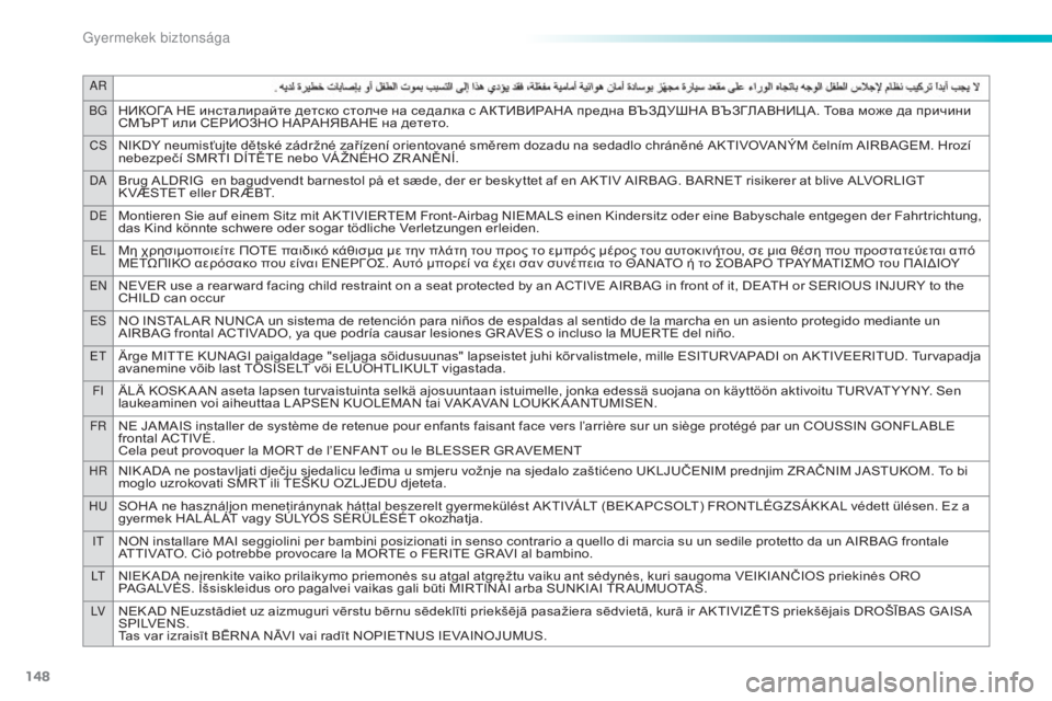 PEUGEOT 2008 2015  Kezelési útmutató (in Hungarian) 148
AR
BG
НИКОГА НЕ инсталирайте детско столче на седалка с АКТИВИРАНА предна ВЪЗДУШНА ВЪЗГЛАВНИЦ А. Това може да