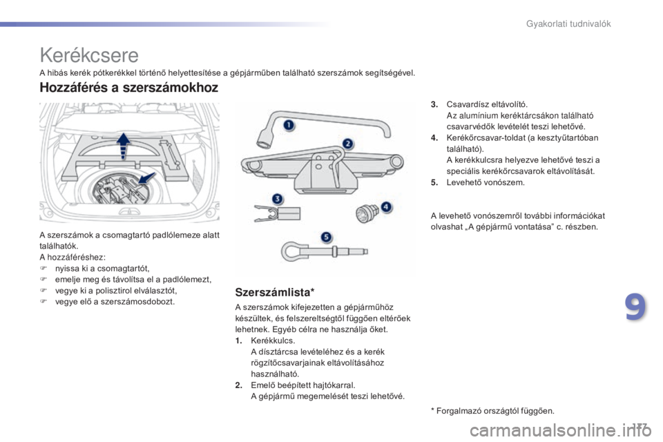 PEUGEOT 2008 2015 Kezelési útmutató (in Hungarian) 177
2008_hu_Chap09_info-pratiques_ed01-2015
Kerékcsere
A szerszámok a csomagtartó padlólemeze alatt
találhatók.
A hozzáféréshez:
F
n
yissa ki a csomagtartót,
F
e
melje meg és távolí PEUGEOT 2008 2015 Kezelési útmutató (in Hungarian) 177
2008_hu_Chap09_info-pratiques_ed01-2015
Kerékcsere
A szerszámok a csomagtartó padlólemeze alatt
találhatók.
A hozzáféréshez:
F
n
yissa ki a csomagtartót,
F
e
melje meg és távolí
