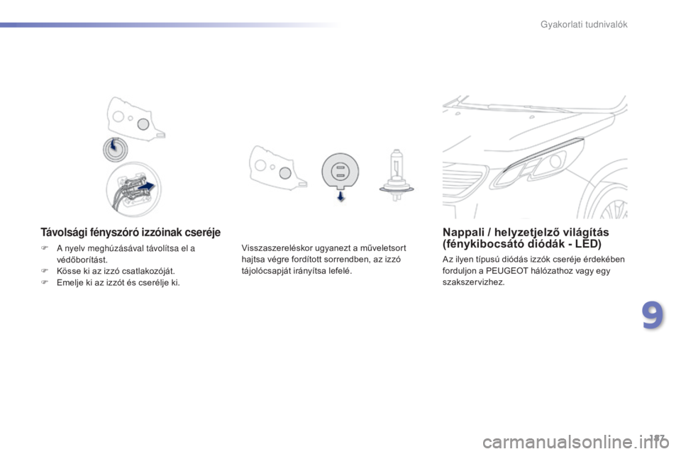 PEUGEOT 2008 2015 Kezelési útmutató (in Hungarian) 187
2008_hu_Chap09_info-pratiques_ed01-2015
Távolsági fényszóró izzóinak cseréjeNappali / helyzetjelző világítás
(fénykibocsátó diódák - LED)
Az ilyen típusú diódás izzók cseréj PEUGEOT 2008 2015 Kezelési útmutató (in Hungarian) 187
2008_hu_Chap09_info-pratiques_ed01-2015
Távolsági fényszóró izzóinak cseréjeNappali / helyzetjelző világítás
(fénykibocsátó diódák - LED)
Az ilyen típusú diódás izzók cseréj
