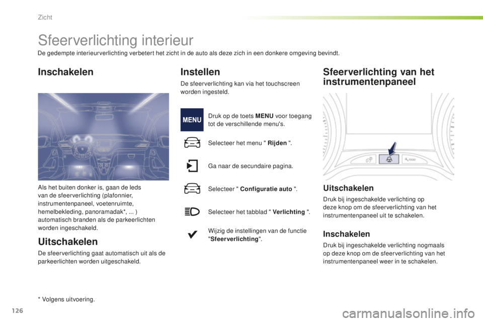 PEUGEOT 2008 2015  Instructieboekje (in Dutch) 126
2008_nl_Chap06_visibilite_ed01-2015
Sfeerverlichting interieur
Inschakelen
Uitschakelen
De sfeerverlichting gaat automatisch uit als de 
parkeerlichten worden uitgeschakeld.
Instellen
De sfeerverl