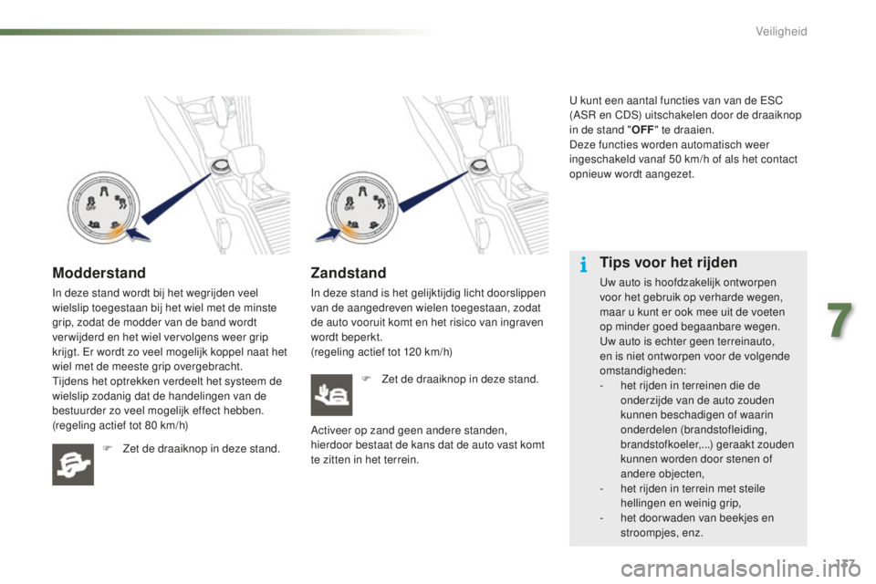 PEUGEOT 2008 2015 Instructieboekje (in Dutch) 137
2008_nl_Chap07_securite_ed01-2015
Modderstand
In deze stand wordt bij het wegrijden veel
wielslip toegestaan bij het wiel met de minste
grip, zodat de modder van de band wordt
ver wijderd en he PEUGEOT 2008 2015 Instructieboekje (in Dutch) 137
2008_nl_Chap07_securite_ed01-2015
Modderstand
In deze stand wordt bij het wegrijden veel
wielslip toegestaan bij het wiel met de minste
grip, zodat de modder van de band wordt
ver wijderd en he