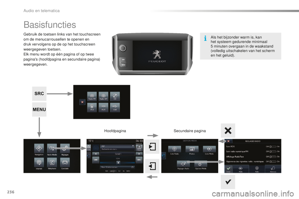 PEUGEOT 2008 2015  Instructieboekje (in Dutch) 236
2008_nl_Chap12b_SMEGplus_ed01-2015
Basisfuncties
Gebruik de toetsen links van het touchscreen 
om de menucarrousellen te openen en 
druk vervolgens op de op het touchscreen 
weergegeven toetsen.
E