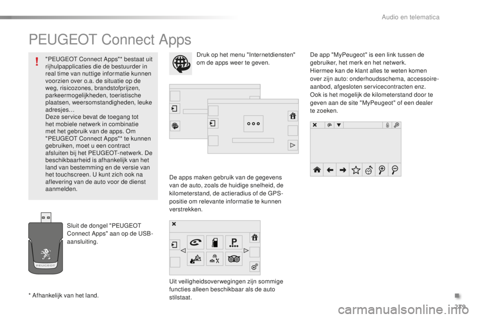 PEUGEOT 2008 2015  Instructieboekje (in Dutch) 279
2008_nl_Chap12b_SMEGplus_ed01-2015
PEUGEOT Connect Apps
De apps maken gebruik van de gegevens 
van de auto, zoals de huidige snelheid, de 
kilometerstand, de actieradius of de GPS-
positie om rele