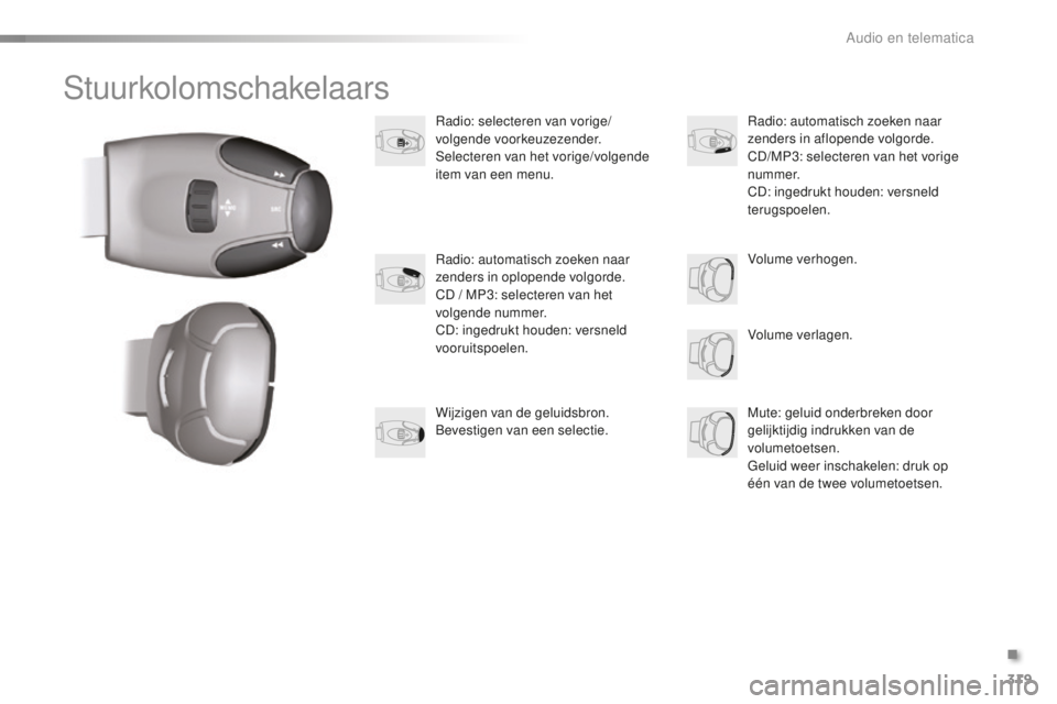 PEUGEOT 2008 2015 Instructieboekje (in Dutch) 319
2008_nl_Chap12d_RDE1_ed01-2015
Stuurkolomschakelaars
Radio: selecteren van vorige/
volgende voorkeuzezender.
Selecteren van het vorige/volgende
item van een menu.Volume verlagen.
Radio: automatis PEUGEOT 2008 2015 Instructieboekje (in Dutch) 319
2008_nl_Chap12d_RDE1_ed01-2015
Stuurkolomschakelaars
Radio: selecteren van vorige/
volgende voorkeuzezender.
Selecteren van het vorige/volgende
item van een menu.Volume verlagen.
Radio: automatis