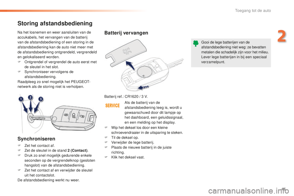PEUGEOT 2008 2015 Instructieboekje (in Dutch) 45
2008_nl_Chap02_ouvertures_ed01-2015
Batterij vervangen
Batterij ref.: CR1620 / 3 V.G ooi de lege batterijen van de
afstandsbediening niet weg: ze bevatten
metalen die schadelijk zijn voor het mil PEUGEOT 2008 2015 Instructieboekje (in Dutch) 45
2008_nl_Chap02_ouvertures_ed01-2015
Batterij vervangen
Batterij ref.: CR1620 / 3 V.G ooi de lege batterijen van de
afstandsbediening niet weg: ze bevatten
metalen die schadelijk zijn voor het mil