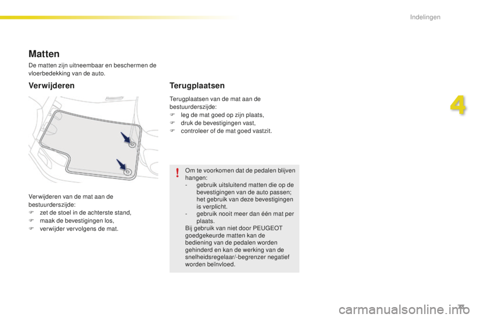 PEUGEOT 2008 2015 Instructieboekje (in Dutch) 73
2008_nl_Chap04_amenagements_ed01-2015
Ver wijderen van de mat aan de
bestuurderszijde:
F
z
et de stoel in de achterste stand,
F
m
aak de bevestigingen los,
F
v
erwijder vervolgens de mat.
PEUGEOT 2008 2015 Instructieboekje (in Dutch) 73
2008_nl_Chap04_amenagements_ed01-2015
Ver wijderen van de mat aan de
bestuurderszijde:
F
z
et de stoel in de achterste stand,
F
m
aak de bevestigingen los,
F
v
erwijder vervolgens de mat.