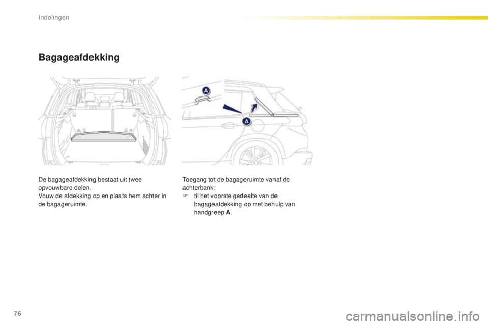 PEUGEOT 2008 2015 Instructieboekje (in Dutch) 76
2008_nl_Chap04_amenagements_ed01-2015
Bagageafdekking
De bagageafdekking bestaat uit twee
opvouwbare delen.
Vouw de afdekking op en plaats hem achter in
de bagageruimte.Toegang tot de bagageruimt PEUGEOT 2008 2015 Instructieboekje (in Dutch) 76
2008_nl_Chap04_amenagements_ed01-2015
Bagageafdekking
De bagageafdekking bestaat uit twee
opvouwbare delen.
Vouw de afdekking op en plaats hem achter in
de bagageruimte.Toegang tot de bagageruimt