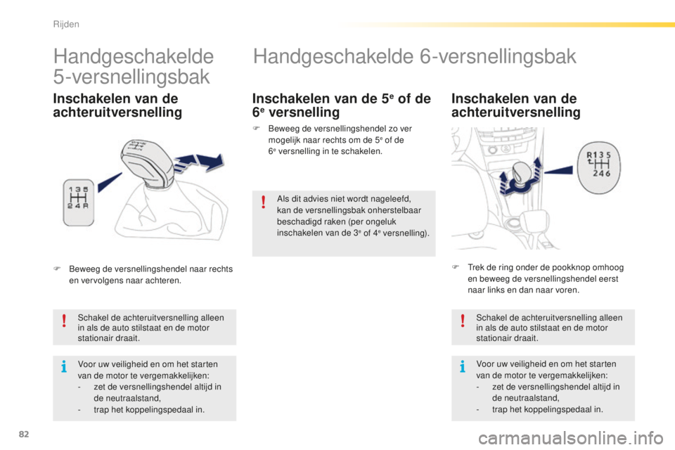 PEUGEOT 2008 2015 Instructieboekje (in Dutch) 82
2008_nl_Chap05_conduite_ed01-2015
Handgeschakelde 6-versnellingsbak
Inschakelen van de
achteruitversnelling
Schakel de achteruitversnelling alleen
in als de auto stilstaat en de motor
stationair PEUGEOT 2008 2015 Instructieboekje (in Dutch) 82
2008_nl_Chap05_conduite_ed01-2015
Handgeschakelde 6-versnellingsbak
Inschakelen van de
achteruitversnelling
Schakel de achteruitversnelling alleen
in als de auto stilstaat en de motor
stationair