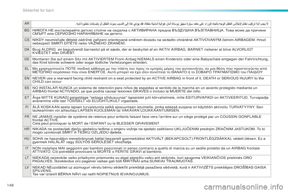 PEUGEOT 2008 2015  Instruksjoner for bruk (in Norwegian) 148
AR
BG
НИКОГА	НЕ	инсталирайте	детско	столче	на	седалка	с	АКТИВИРАНА	предна	ВЪЗДУШНА	ВЪЗГЛАВНИЦ А.	Това	може	да