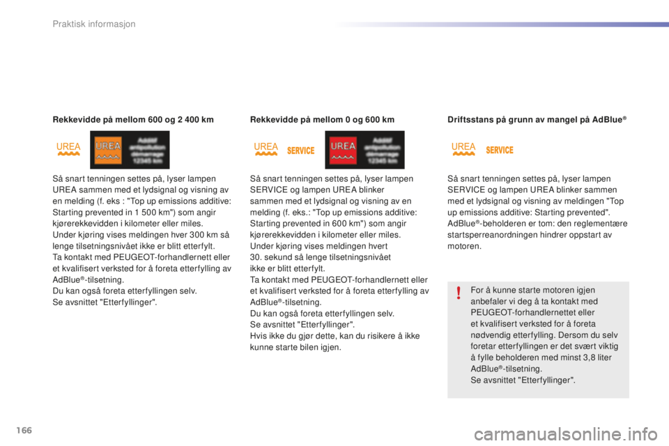 PEUGEOT 2008 2015  Instruksjoner for bruk (in Norwegian) 166
2008_no_Chap09_info-pratiques_ed01-2015
Så snart tenningen settes på, lyser lampen 
UREA sammen med et lydsignal og visning av 
en melding (f. eks : "Top up emissions additive: 
Starting pre