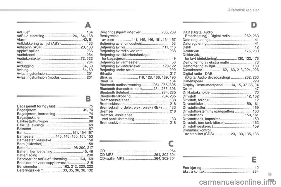 PEUGEOT 2008 2015 Instruksjoner for bruk (in Norwegian) 329
2008_no_Chap13_index-alpha_ed01-2015
AdBlue® .........................................................16 4
AdBlue-tilsetning ............................. 24, 16 4 , 168
Alarm
............... PEUGEOT 2008 2015 Instruksjoner for bruk (in Norwegian) 329
2008_no_Chap13_index-alpha_ed01-2015
AdBlue® .........................................................16 4
AdBlue-tilsetning ............................. 24, 16 4 , 168
Alarm
...............