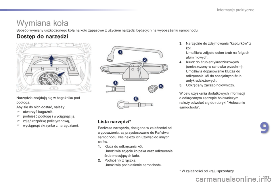 PEUGEOT 2008 2015 Instrukcja obsługi (in Polish) 177
2008_pl_Chap09_info-pratiques_ed01-2015
Wymiana koła
Narzędzia znajdują się w bagażniku pod
podłogą.
Aby się do nich dostać, należy:
F
o
tworzyć bagażnik,
F
p
odnieść podłogę PEUGEOT 2008 2015 Instrukcja obsługi (in Polish) 177
2008_pl_Chap09_info-pratiques_ed01-2015
Wymiana koła
Narzędzia znajdują się w bagażniku pod
podłogą.
Aby się do nich dostać, należy:
F
o
tworzyć bagażnik,
F
p
odnieść podłogę