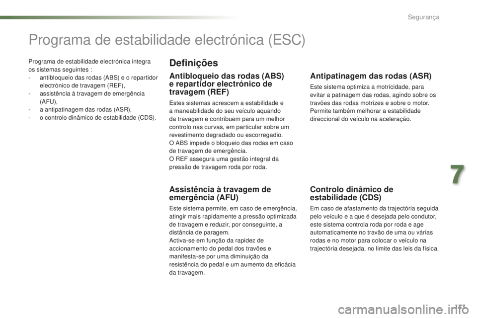 PEUGEOT 2008 2015  Manual de utilização (in Portuguese) 133
2008_pt_Chap07_securite_ed01-2015
Programa de estabilidade electrónica integra 
os sistemas seguintes :
- 
a
 ntibloqueio das rodas (ABS) e o repartidor 
electrónico de travagem (REF),
-
 
a
 ss