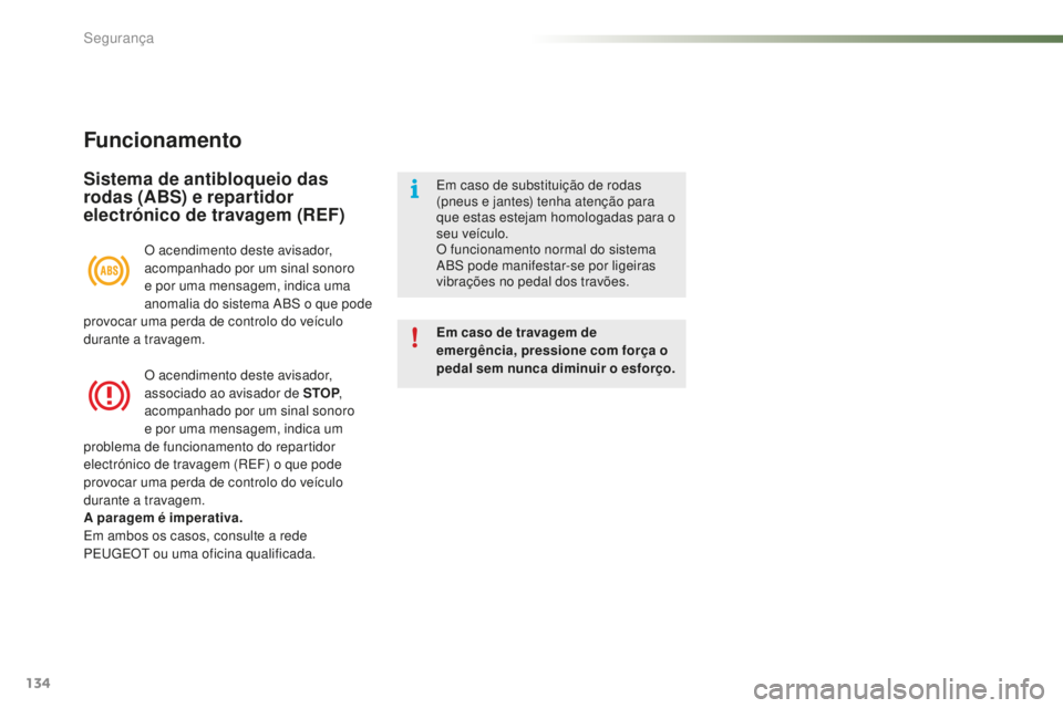 PEUGEOT 2008 2015  Manual de utilização (in Portuguese) 134
2008_pt_Chap07_securite_ed01-2015
Funcionamento
Sistema de antibloqueio das 
rodas (ABS) e repartidor 
electrónico de travagem (REF)
Em caso de travagem de 
emergência, pressione com força o 
p