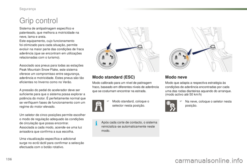 PEUGEOT 2008 2015  Manual de utilização (in Portuguese) 136
2008_pt_Chap07_securite_ed01-2015
Grip control
Sistema de antipatinagem específico e 
patenteado, que melhora a motricidade na 
neve, lama e areia.
Este equipamento, cujo funcionamento 
foi otimi