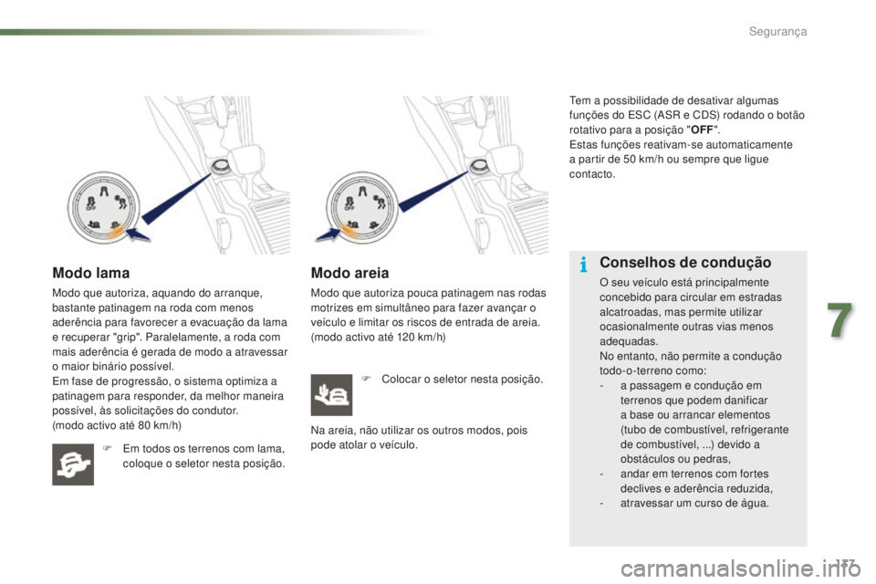 PEUGEOT 2008 2015  Manual de utilização (in Portuguese) 137
2008_pt_Chap07_securite_ed01-2015
Modo lama
Modo que autoriza, aquando do arranque, 
bastante patinagem na roda com menos 
aderência para favorecer a evacuação da lama 
e recuperar "grip