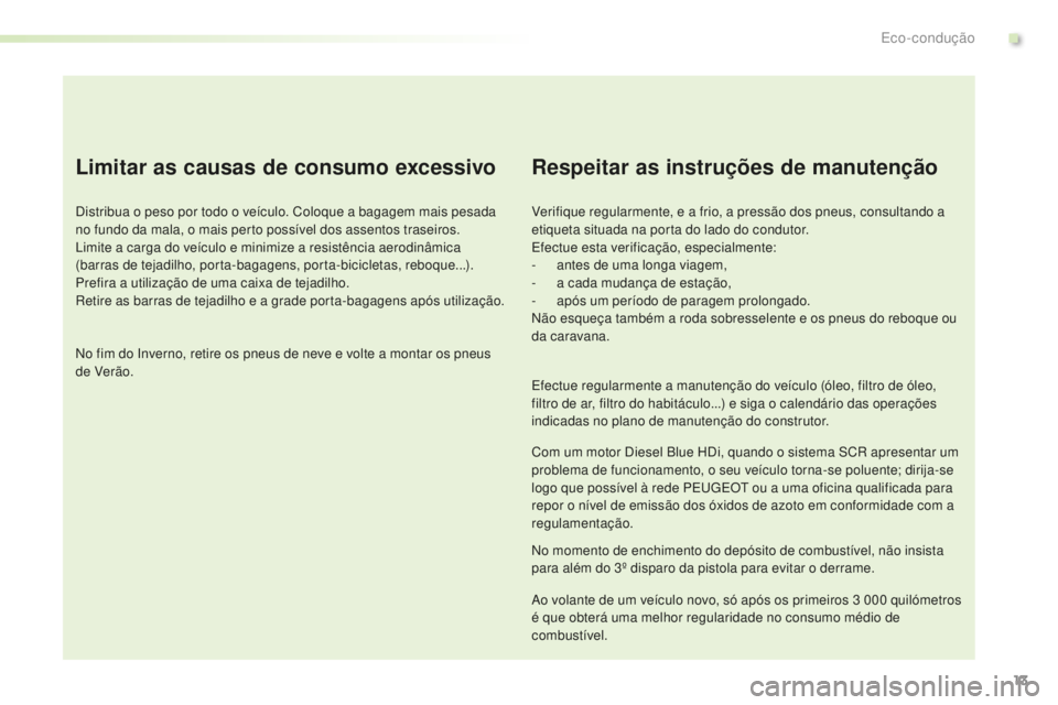PEUGEOT 2008 2015 Manual de utilização (in Portuguese) 13
2008_pt_Chap00c_eco-conduite_ed01-2015
Limitar as causas de consumo excessivo
Distribua o peso por todo o veículo. Coloque a bagagem mais pesada
no fundo da mala, o mais perto possível dos assen PEUGEOT 2008 2015 Manual de utilização (in Portuguese) 13
2008_pt_Chap00c_eco-conduite_ed01-2015
Limitar as causas de consumo excessivo
Distribua o peso por todo o veículo. Coloque a bagagem mais pesada
no fundo da mala, o mais perto possível dos assen