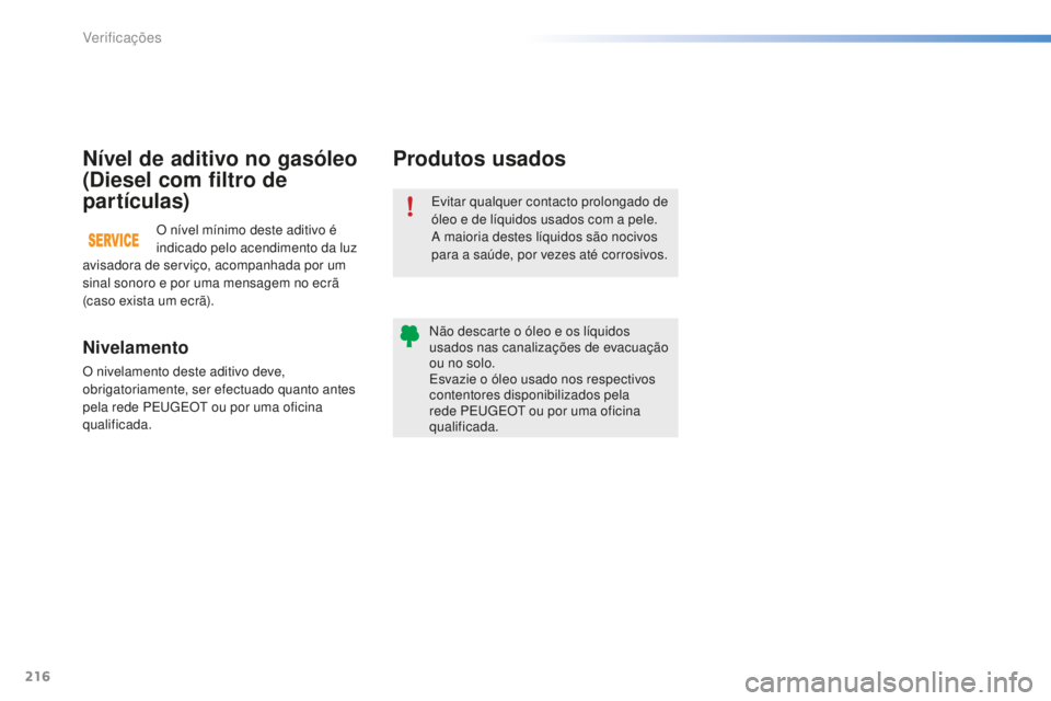 PEUGEOT 2008 2015 Manual de utilização (in Portuguese) 216
2008_pt_Chap10_verifications_ed01-2015
Evitar qualquer contacto prolongado de
óleo e de líquidos usados com a pele.
A maioria destes líquidos são nocivos
para a saúde, por vezes até corros PEUGEOT 2008 2015 Manual de utilização (in Portuguese) 216
2008_pt_Chap10_verifications_ed01-2015
Evitar qualquer contacto prolongado de
óleo e de líquidos usados com a pele.
A maioria destes líquidos são nocivos
para a saúde, por vezes até corros