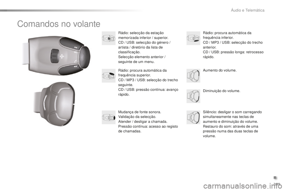 PEUGEOT 2008 2015  Manual de utilização (in Portuguese) 299
2008_pt_Chap12c_RDE2_ed01-2015
Comandos no volante
Rádio: selecção da estação 
memorizada inferior / superior.
CD / USB: selecção do género /  
artista / diretório da lista de 
classifica
