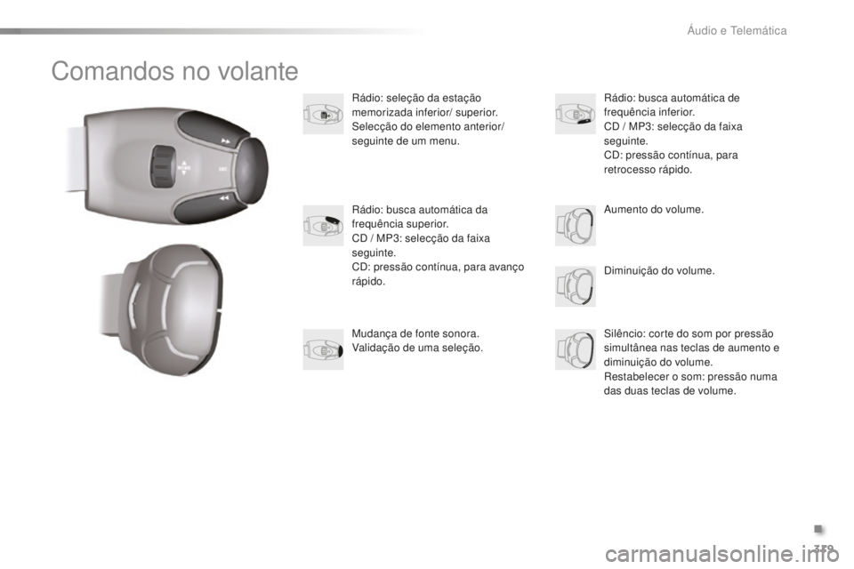 PEUGEOT 2008 2015  Manual de utilização (in Portuguese) 319
2008_pt_Chap12d_RDE1_ed01-2015
Comandos no volante
Rádio: seleção da estação 
memorizada inferior/ superior.
Selecção do elemento anterior/ 
seguinte de um menu.Diminuição do volume.
Rád