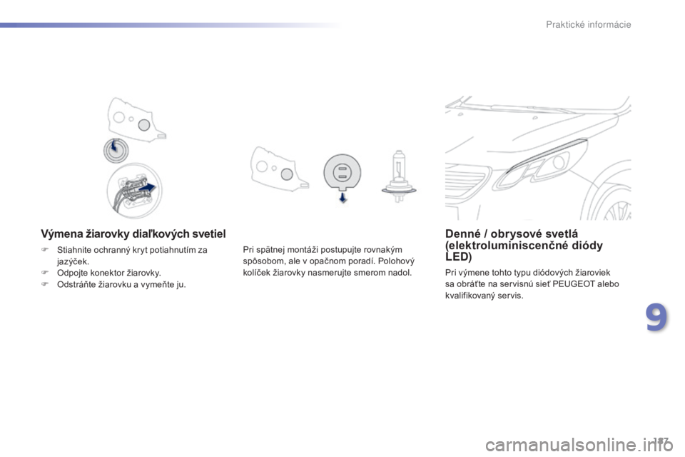 PEUGEOT 2008 2015 Návod na použitie (in Slovakian) 187
2008_sk_Chap09_info-pratiques_ed01-2015
Výmena žiarovky diaľkových svetielDenné / obrysové svetlá
(elektroluminiscenčné diódy
LED)
Pri výmene tohto typu diódových žiaroviek
sa obr PEUGEOT 2008 2015 Návod na použitie (in Slovakian) 187
2008_sk_Chap09_info-pratiques_ed01-2015
Výmena žiarovky diaľkových svetielDenné / obrysové svetlá
(elektroluminiscenčné diódy
LED)
Pri výmene tohto typu diódových žiaroviek
sa obr