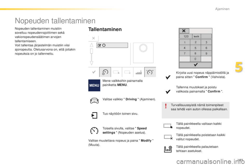 PEUGEOT 2008 2015 Omistajan Käsikirja (in Finnish) 103
2008_fi_Chap05_conduite_ed01-2015
Nopeuden tallentaminen
Tallentaminen
Mene valikkoihin painamalla
painiketta MENU.
Turvallisuussyistä nämä toimenpiteet
saa tehdä vain auton ollessa paikalla PEUGEOT 2008 2015 Omistajan Käsikirja (in Finnish) 103
2008_fi_Chap05_conduite_ed01-2015
Nopeuden tallentaminen
Tallentaminen
Mene valikkoihin painamalla
painiketta MENU.
Turvallisuussyistä nämä toimenpiteet
saa tehdä vain auton ollessa paikalla