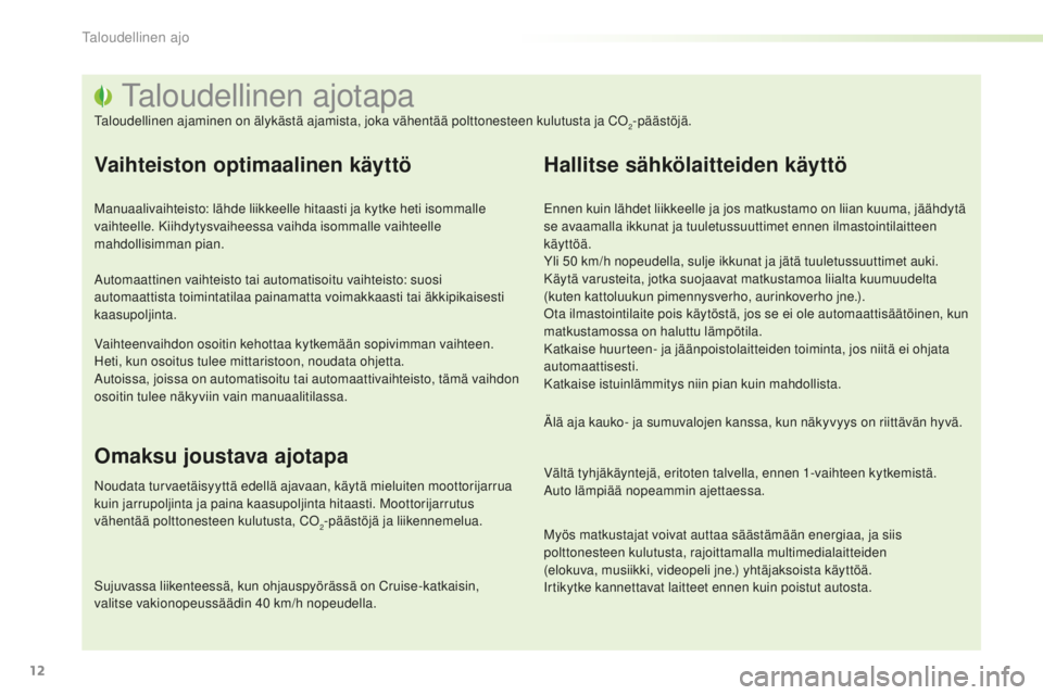 PEUGEOT 2008 2015  Omistajan Käsikirja (in Finnish) 12
2008_fi_Chap00c_eco-conduite_ed01-2015
Taloudellinen ajotapa
Taloudellinen ajaminen on älykästä ajamista, joka vähentää polttonesteen kulutusta ja CO2-päästöjä.
Vaihteiston optimaalinen k