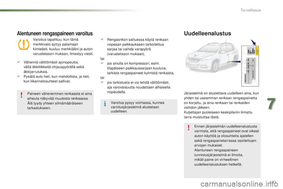 PEUGEOT 2008 2015 Omistajan Käsikirja (in Finnish) 131
2008_fi_Chap07_securite_ed01-2015
Alentuneen rengaspaineen varoitus
Varoitus tapahtuu, kun tämä
merkkivalo syttyy palamaan
kiinteästi, kuuluu merkkiääni ja auton
varustetason mukaan, ilmes PEUGEOT 2008 2015 Omistajan Käsikirja (in Finnish) 131
2008_fi_Chap07_securite_ed01-2015
Alentuneen rengaspaineen varoitus
Varoitus tapahtuu, kun tämä
merkkivalo syttyy palamaan
kiinteästi, kuuluu merkkiääni ja auton
varustetason mukaan, ilmes